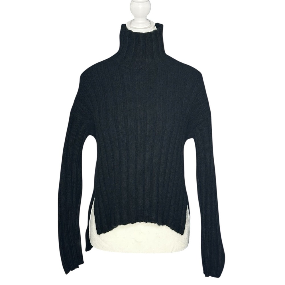 Everlane Black Ribbed Turtleneck Sweater Wool Cashmere Blend XXS High-Low Hem‎